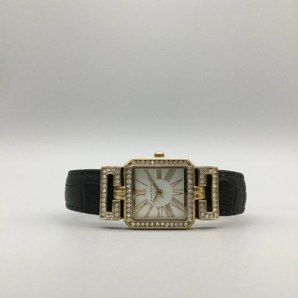 Anne Klein Womens Watch 24mm Gold Tone Crystals Leather AK/2396 New Battery